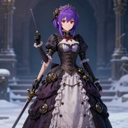 demi rose as a very beautiful anime woman, purple hair, red eyes, weapon, steampunk, full body, full round face, short smile, full victorian dress, winter setting, cinematic lighting, medium shot, mid - shot, highly detailed, makoto shinkai, unreal engine 4 k, artgerm, ilya kuvshinov, loish, rossdraws