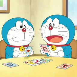 doraemon and nobita playing cards, manga, artwork by fujiko f fujio