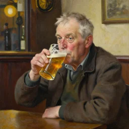 detailed oil painting of an old irishman drinking beer at a pub