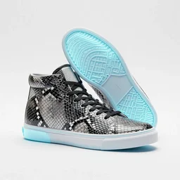 one snakeskin hightop sneaker on a white surface, neon illuminated sole, clean 3 d render, beautiful studio lighting, soft, sharp focus, intricate detail, gold filigree, art by iris van herpen