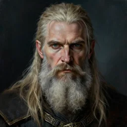 geralt of rivia with long beard, close up, portrait, sinister atmospheric lighting. highly detailed painting by greg rutkowski