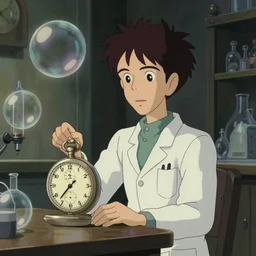 hyperrealist, studio ghibli dull colors interior portrait cartoon from close encounters of the third kind 1 9 7 7 of a skinny grey pocketwatch scientist alone in his laboratory bubble.