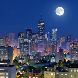 Colorful city skyline at night in anime style, moonlit