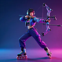 cyberpunk archer with neon colors, a shiny compound bow, headphones, and roller blades, rad, cool, action shot, octane render
