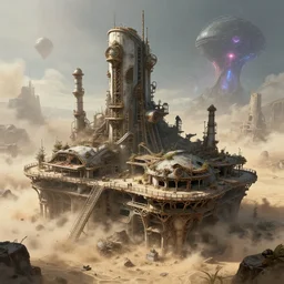 a beautiful detailed illustration of industrial architecture building unfinished building patio urbex city abandoned by peter eisenman, steampunk architecture island sandstorm cgsociety atlantis cosmic scumm bar san andreas sea universe extraterrestial assassin's creed postcyberpunk azeroth, archdaily, wallpaper, highly detailed, trending on artstation.