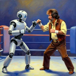 a man dressed as Bob Ross is fighting against a robot in a boxing ring, Tonalism painting