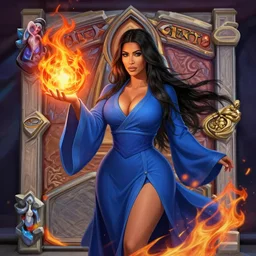 Who : a mage with a blue robe casting a fire ball; Physical : Kim Kardashian exact same body, but different face and hair ; IMPORTANT : Hearthstone official splash art, award winning, trending in category \'hyperdetailed\'