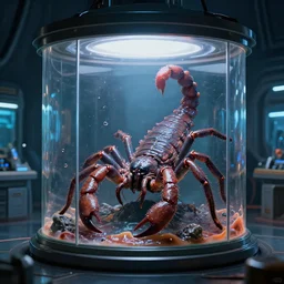 a large transparent science fiction mass effect glass containment chamber containing a slimy wet scorpion lovecraft alien tarantula monster in a furnished science fiction spaceship laboratory, dramatic lighting, octane, trending on artstation, volumetric lighting — w 6 4 0