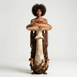 afro-haired mushroom person, cinematic studio photo, full body, standing, isolated on a pure white background, centered, whole figure in frame, sharp focus, studio lighting