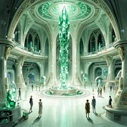 matte illustration, cinematic shot of the interior of a scifi space station with ornate elven architecture bustling with people by jean giraud moebius, crystalline, emerald, highly detailed matte illustration by moebius, clean lines, sharp focus, intricate, elegant