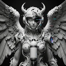 portrait of a divine angel, celestial. intricate abstract. cyberpunk, vhs glitch. full face broken helmet. intricate artwork. immaculate. holy. empty oxygen tank. by Tooth Wu, wlop, Antoine Collignon, dan mumford. octane render, CGSociety, dan witz very coherent symmetrical artwork. cinematic, hyper realism, high detail, octane render, 8k, iridescent accents, black and white