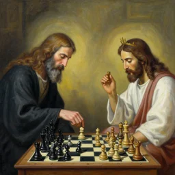 A very detailed surreal fantasy painting of God playing chess against Jesus by Manjit Bawa, trending on artstation, 4k.