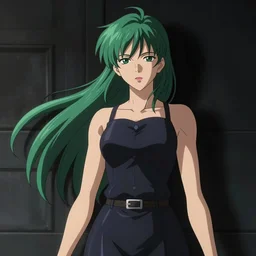 tatsumaki from one punch man, digital art by makoto shinkai, noirish lighting with deep shadows and dark hues, green hair, elegant lines, well - balanced composition, detail oriented, high quality art work.