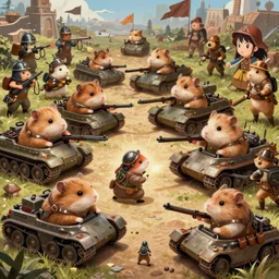 highly detailed illustration featuring hamsters at war, stephen bliss, unreal engine, fantasy art by greg rutkowski, loish, rhads, ferdinand knab, makoto shinkai and lois van baarle, ilya kuvshinov, rossdraws, tom bagshaw, global illumination, radiant light, detailed and intricate environment, hamsters driving tanks, hamsters holding rifles, hamsters dressed in battle gear