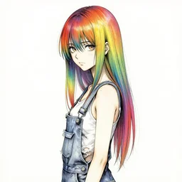 a grungy woman with rainbow hair, soft eyes and narrow chin, dainty figure, long hair straight down, torn overalls, basic white background, side boob, symmetrical, watercolor, pen and ink, intricate line drawings, by Yoshitaka Amano, Ruan Jia, Kentaro Miura, Artgerm,