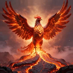 phoenix made of lava, glowing from inside, in the luminous sky, hyperrealistic, highly detailed, 1 6 k, high quality, diffuse light, intricate, digital painting, trending in artstation, smooth marble surfaces, volumetric light, cinematic