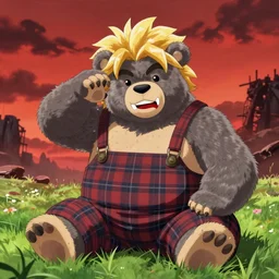 つくしあきひと blushing bear man chubby sumo wrestler anthro blonde hair tuff on head, grey fur, disney country bears animatronic bloody sharp teeth wearing overalls flannel posing seductive, sitting in grass, bara, red sky third impact background apocalypses style in akihito tsukashi