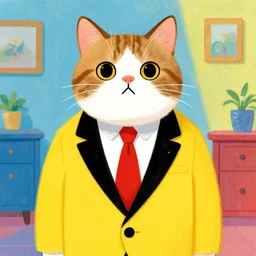 colorful illustration of funny cat in the yellow tuxedo and red tie by jeremiah ketner and dan mumford