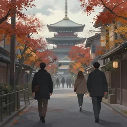 walk in cyberpunk kyoto, volumetric lighting, autumn, morning, overcast weather, few clouds, realistic illustration, perfectly shaded, soft painting, art by krenz cushart and wenjun lin