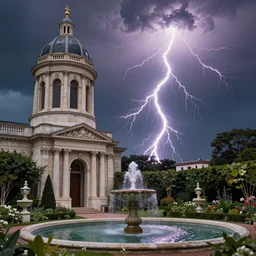 Neoclassical tower with dome, next to a fountain and a mystical garden, the majestic goddess of lightning is descending from sky. By (Rembrandt painting(100)(fractal flame)), psychedelic, mech, pearlized, spot lightnings, highly detailded