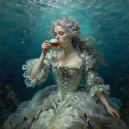 a 1 8 th century, messy, silver haired, ( ( ( mad ) ) ) elf princess ( look like ( ( young kate winslet ) ) ), dressed in a frilly ( ( ragged ) ), wedding dress, is ( ( drinking a cup of tea ) ). everything is underwater! and floating. greenish blue tones, showy, ( ( underwater lights ) ) fantasy oil canvas by jakub rozalski, jan matejko