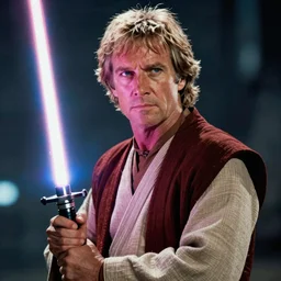 Still of Clint Eastwood as jedi! master Obiwan kenobi!!!!. in Star Wars (1977). detailed eyes. medium shot, technicolor. light saber!