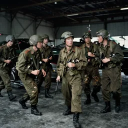 soldiers searching through a hangar, 1 9 8 7, dim lighting, color, movie still
