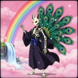 old vhs recording of an anime about an intricately carved undead skeleton kitsune, mage clothes inspired by a dark fairy peacock, 9 brilliant peacock tails that shimmer magic itself, by hayou miyazaki, sparkles, pink cloud background, rainbows, waterfall, anime, fae, vhs effect, screenshot
