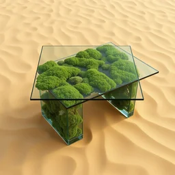table made of rectangle tetris, made of glass and moss, octane render, trending on artstation, on hard desert sand floor