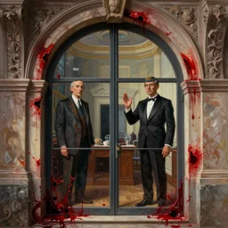 window portal arch, blood enriched by iron, penetrated and scorched, one must withhold he celebrated his doom, avant garde post - morden monumental dynamic interior portrait by magritte and edward hopper, illusion surreal art, highly conceptual figurative art, intricate detailed illustration, controversial poster art