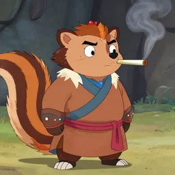 a nickelodeon cartoon still of a humanoid skunk dressed as genghis khan, a mongolian warrior, smoking a joint