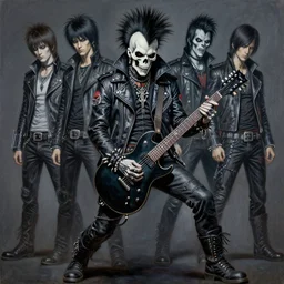 a portrait of the grim reaper as a punk rocker playing an electric guitar, punk, skeleton face, mohawk, dark, fantasy, leather jackets, spiked collars, spiked wristbands, piercings, boots, ultrafine detailed painting by frank frazetta and vito acconci and michael whelan and takeshi obata, death note style, oil on canvas, symetric body