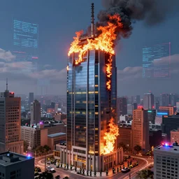 big skyscraper is on fire, lots of firefighters around the building, police lights, digital art, 4 k, high detailed, by stephen hickman