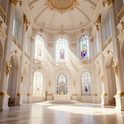 3 d game cg, interior of a bright baroque palace, god rays, the sun shines through the stained glass. unreal engine, 4 k, game cg, alphonse mucha, greg rutkowski, james gurney, johannes voss, unreal engine, hyperdetailed, 4 k