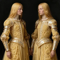 ( ( ( ( zoomed out ) ) ) ) of siamese twins made of spaghetti, intricate and elegant armor made of fractals of spagetthi, highly detailed, by giuseppe arcimboldo and ambrosius benson, renaissance, a touch of beksinski and takato yamamoto, realistic
