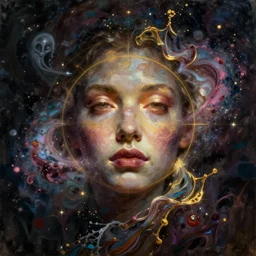 face galaxy, paint splash, phantom, dreary, dramatic, fluid, iridescent, golden ratio, artstation, moebius + loish + wlop, hd, oil painting, hyper realistic,