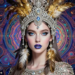 absurdly beautiful, fashionable young woman with clear white skin, clear blue eyes, wearing an intricate headdress made from diamonds and gold and feathers, wearing large earrings made from feathers, creatively painted lips, in the fourth dimension, psychedellic fractals, ayahausca, tryptamine, hyperdetailed illustration by irakli nadar and alexandre ferra, intricate linework, unreal engine 5 highly rendered, global illumination, radiant light, detailed and intricate environment