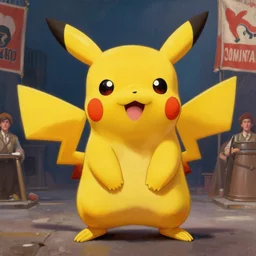 Realistic Pikachu at a 1920's comunist party propaganda , beautiful digital art, cinematic composition, detailed, concept art, Matt painting, oil painting, high res, norman rockwell artwork style,