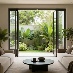 a modern indoor room, open doors to garden, architecture a couch table some lush plants daylight 8 k octane render