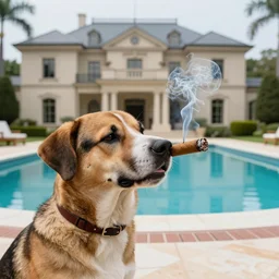 a very detailed photo of a dog smoking a cigar outside the mansion by the pool