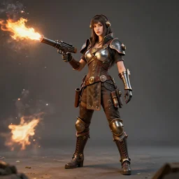 full length photo of a beautiful dieselpunk warrior with a flamethrower, 8 k, hdr, smooth, sharp focus, high resolution, award - winning photo