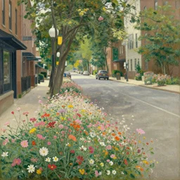 a city street covered with flowers, 8 k, matte painting, in the style of martin johnson heade,