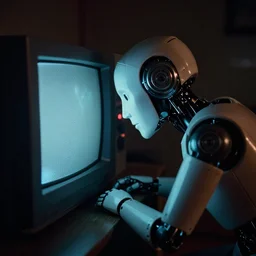 humanoid robot sticking her head inside of a microwave, from 2001, bathed in the glow of a crt television, low-light photograph, in the style of jack bridgeland