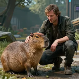 Jordan Peterson in the style of cyberpunk 2077 petting a capybara