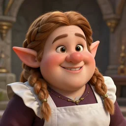 Portrait of a cheerful chubby female dwarf royal maid in the dwarven stone palace, highly detailed face, neat intricate complex braided hair, big nose, realistic, beautiful, plump build, fantasy art, dungeons and dragons, lord of the rings, in the style of Thomas Kinkade and Wojciech Siudmak, pleasant cozy atmosphere, illustration, fantasy, intricate, hyper detailed, artstation, concept art, smooth, sharp focus, ray tracing, vibrant