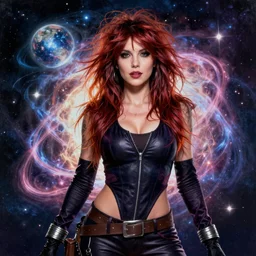 A hyper real comic book style portait painting of Kate Bush in the center of the universe, unreal 5, hyperrealistic, octane render, cosplay, RPG portrait, dynamic lighting