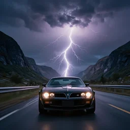 nightmarish creatures, black pontiac firebird trans - am driving towards the camera, norway mountains, cinematic, motionblur, volumetric lighting, wide shot, low angle, large lightning storm, thunder storm