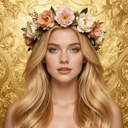 annasophia robb symmetrical portrait, wearing a floral crown, long blond hair, shiny gold background, intricate, elegant, highly detailed, digital painting, artstation, concept art, smooth, sharp focus, illustration, artgerm, rutkowski, mucha