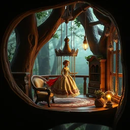 a beautiful marionette inside a treehouse, realistic, interior design,