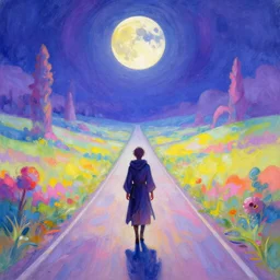 Heartbroken wandering mage-duelist on the endlessly long road, in the land of Termina under a falling moon, trapped in an illusion zone. A concept of Melancholic Euphoric heartshine in the crush of oblivion. The vibrancy of nouveau is gilded with hollow-wishes. Trending on ArtStation. Vivid Pastel Gouache Ink Painting.
